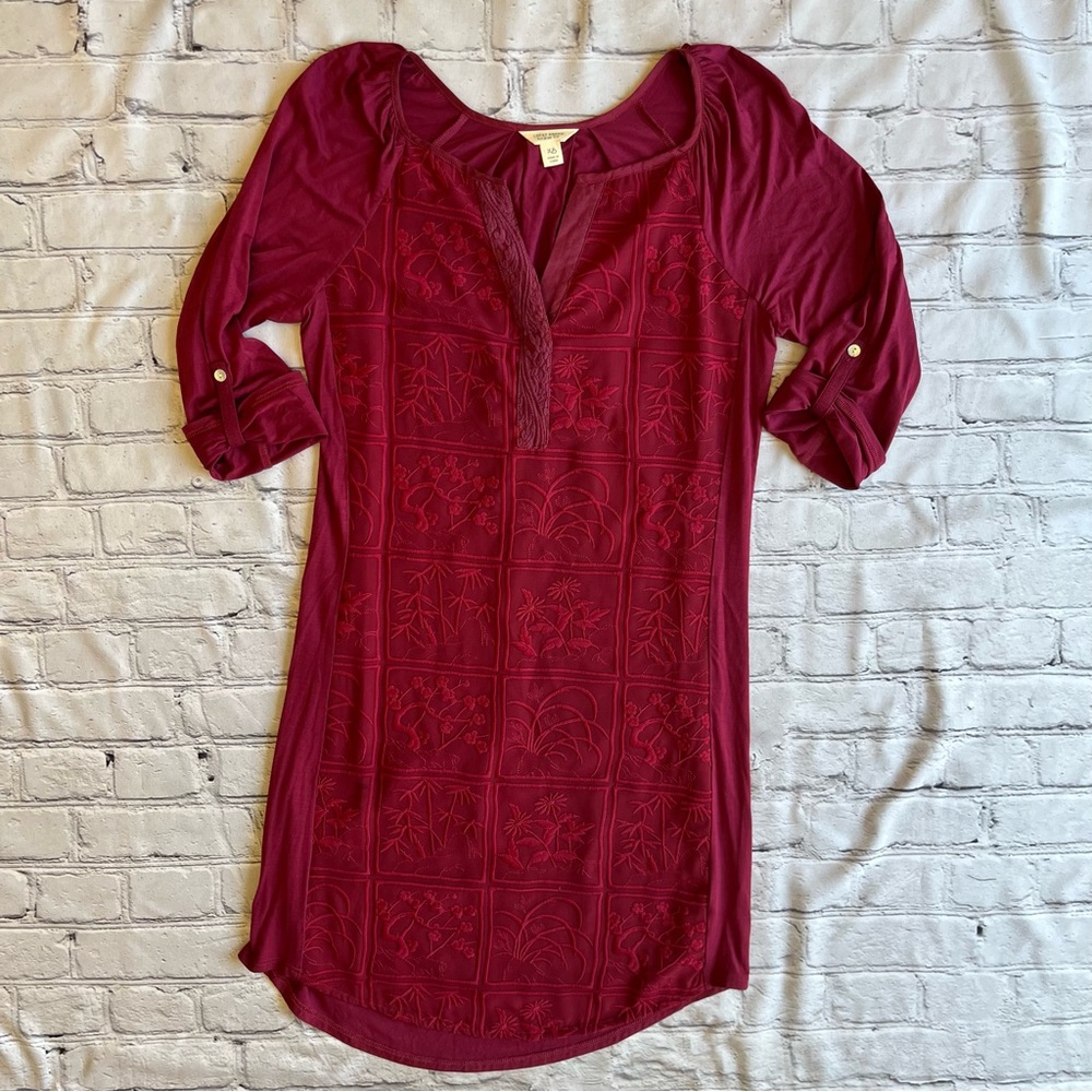 Lucky Brand Tunic Shirt Dress Pink Ethnic Bohemian Roll Tab 3/4 Sleeves